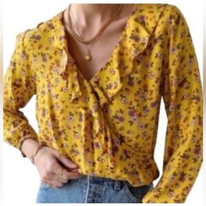 Anthropologie Mustard Floral Ruffle Blouse